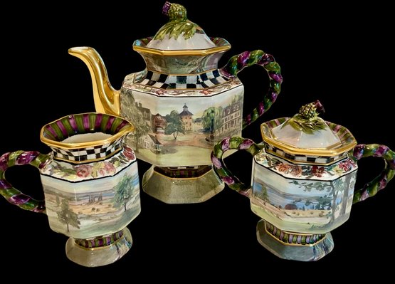 MacLachlan MacKenzie-Childs Third Edition 2003 Tea Set - Teapot, Sugar & Creamer
