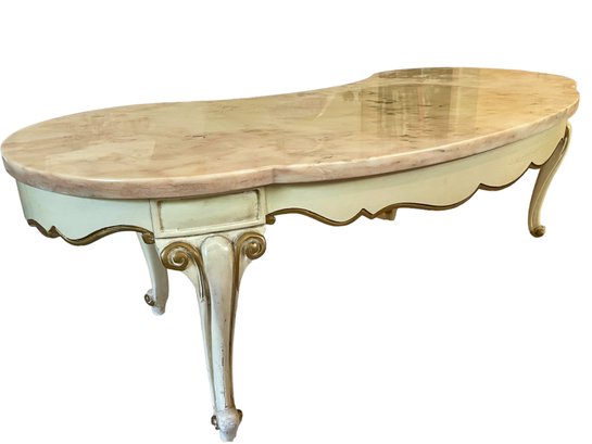 French Provincial , Vintage Kidney Shape Marble Top Coffee Table.