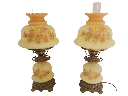 Pair Vintage 1973 Quiozel Fenton(?) Hand Painted Floral Satin Glass Hurricane Style Brass Table Lamps