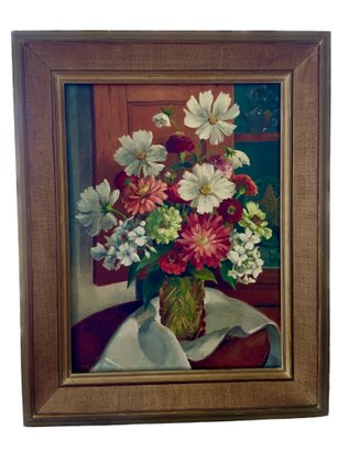 Signed Vintage Still Life With Flowers, Oil Painting On Canvas.