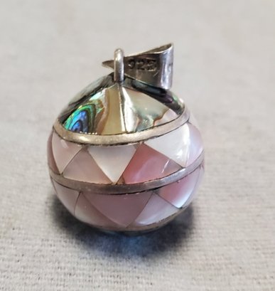 Vintage Sterling Silver Sphere- Formed Pendant Covered In Stunning Abalone Ornamentation