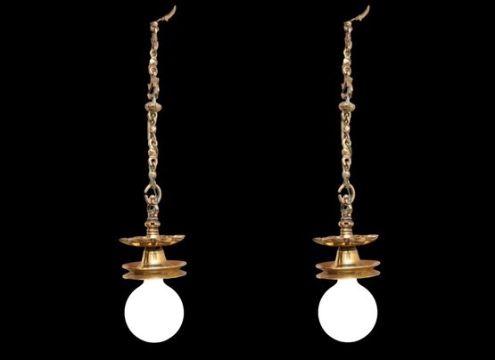 Set Of Two Solid Brass Antique Hanging Oil Swag Lamps With White Globe And Star Flower Plates