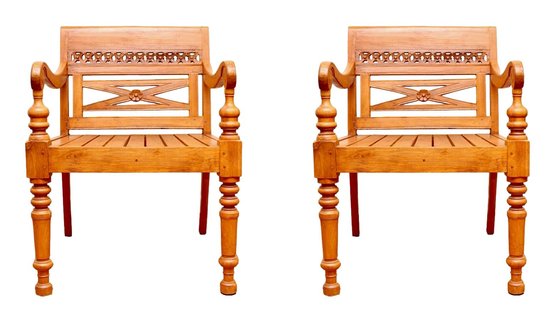 Pair Of  Carved Teak Armchairs 1 Of 2