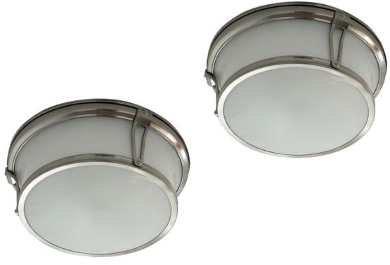 Pair Of Nickel And Frosted Glass Flush Mount Ceiling Light Fixtures
