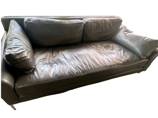 High End Custom Leather Sofa, Medium Gray With Down Fill - 91.5'