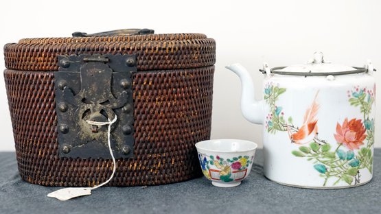 Antique Chinese Teapot With Cup In Weaving Basket