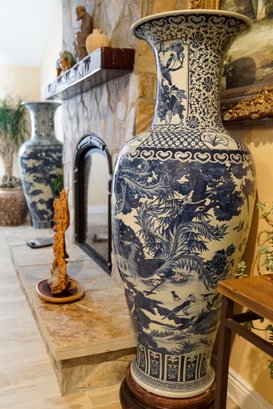 Pair Of Magnificent Blue And White Floor Vases