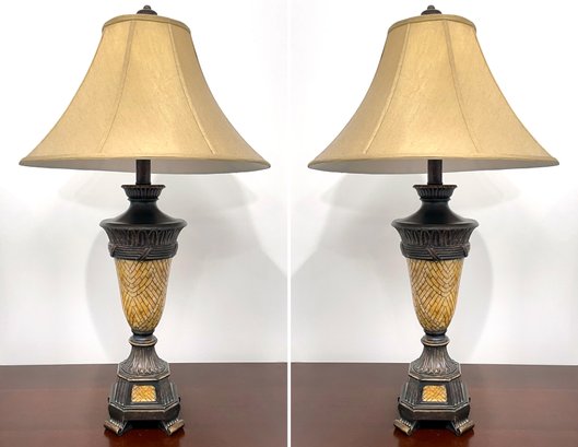 A Pair Of Bronze Table Lamps With Acanthus And Tile Motif