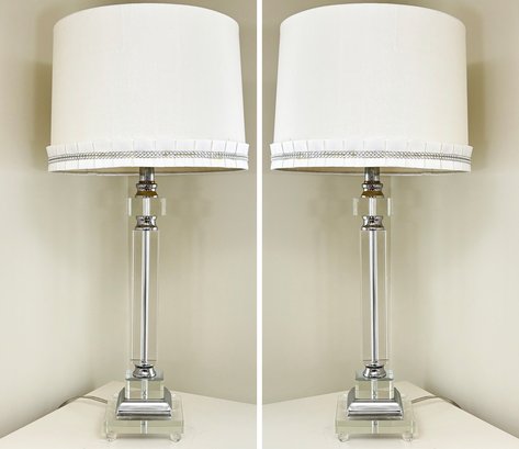 A Pair Of Glam Designer Chrome And Lucite Lamps