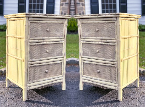 A Pair Of Vintage Painted Bamboo And Cane Nightstands