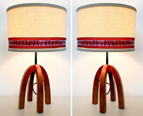 Pair Of Scandinavian Modern Wood Lamps With Shades