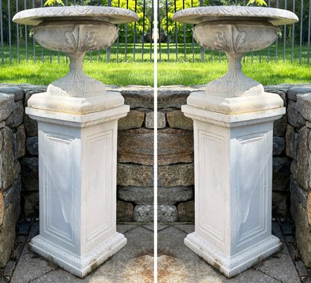 A Pair Of Neoclassical Cast Stone Garden Urns On Pedestals By Frontgate