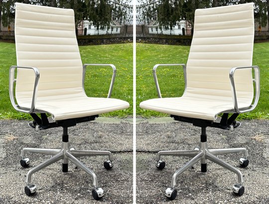 A Pair Of White Leather Eames Office Chairs By Herman Miller (2 Of 2 Pair In Sale)