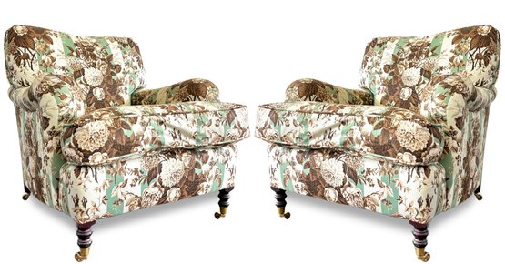 A Pair Of Custom Luxurious Rolled Arm Chairs By George Smith, LTD