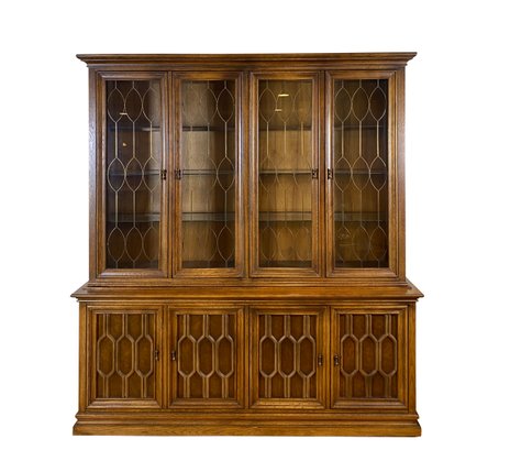 Magnificent Lighted Breakfront China Cabinet With Metal Grid Glass Doors And Lined Silver Storage - On Casters