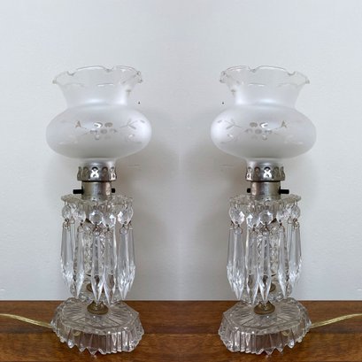 Pair - Crystal Drop Table Lamps With Frosted And Etched Globes