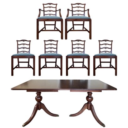 George III Style Chippendale Reticulated Ladderback Chairs With Double Pedestal Table - 3 Leaves