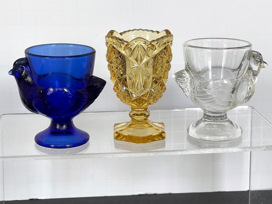 3 Vintage Glass Egg Cups Dark Blue Marked France , Yellow, Clear