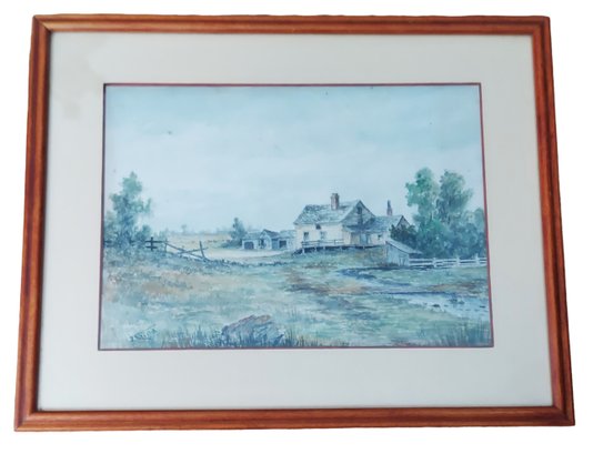J E Field Antique Impressionist Rural Landscape With Farm Watercolor Painting