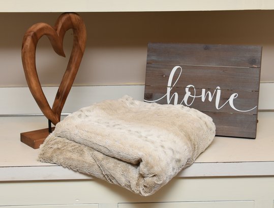 Donna Karan Faux Fur Throw, Wood Heart Sculpture And Wood 'Home' Sign