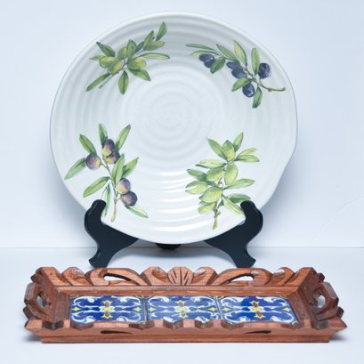 Italian Opificio Etico Ceramic Bowl And Hand-painted Ceramic Tile And Wood Serving Tray