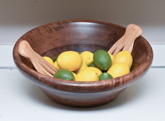 Jumbo Handmade Wood Salad Bowl With 2 Core Bamboo Salad Tossers And Faux Lemons And Limes