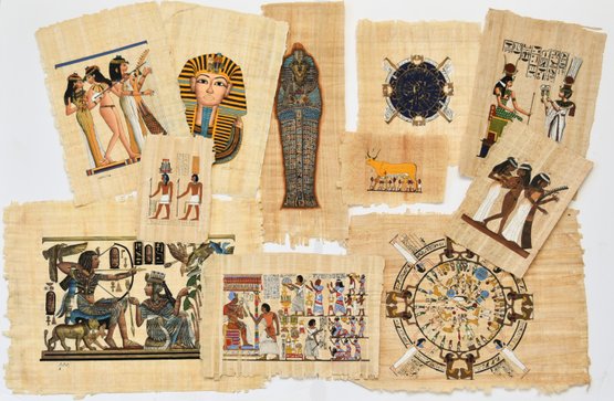 Vintage Handmade Egyptian Papyrus Artworks, 11 Total, Unframed