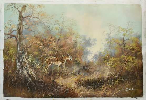 Original Oil Painting Of A Cheetah In The Jungle Signed By The Artist Davis