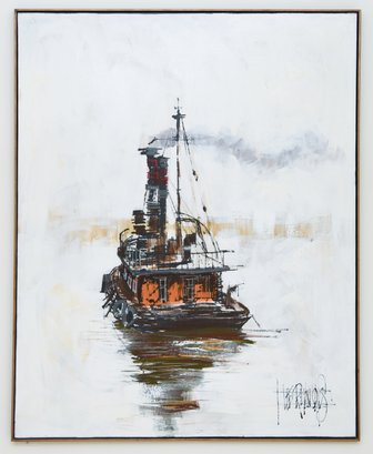 Oil On Canvas Painting Featuring A River Boat With White Washed Vignette, Signed Lower Right: 'Lee Reynolds'