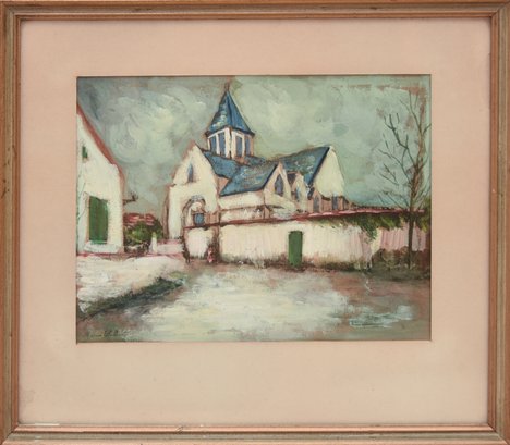 Vintage Maurice Utrillo Original Gouache On Art Paper Depicting French Church Signed By Artist
