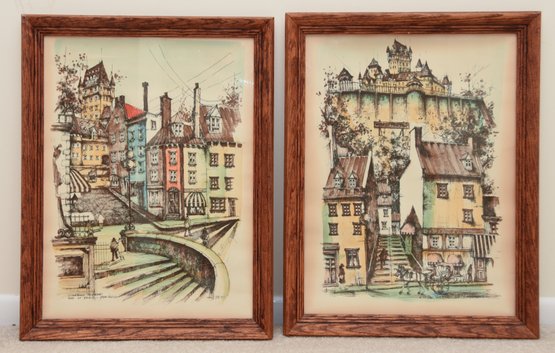 Dipytich Of Chateau Frontenac, Quebec, Rue Champions Ink And Water Color On Paper Signed By Artist