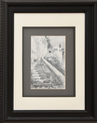 Vintage Original Pencil Drawing Of Staircase In Italian Countryside, Signed By Artist
