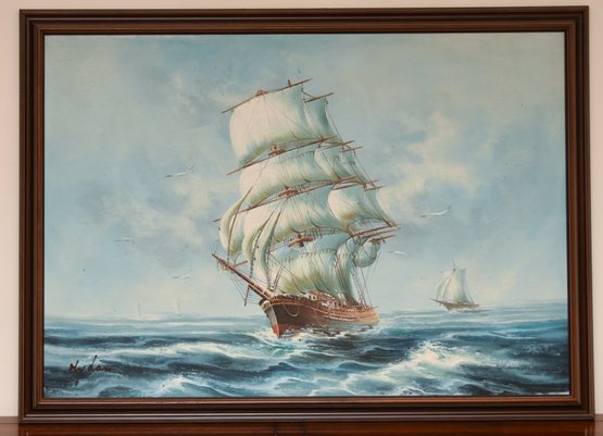 Vintage 1960s Original Rupert Hydan Clipper Ships On High Seas Painting