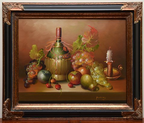 Original Still Life Painting With Italian Fiasco And Fruit By American Artist Parkey (20th Century)