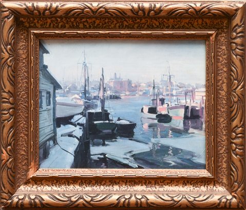 Original Oil Painting Of 'Reflections In Harbor' Framed Under Glass