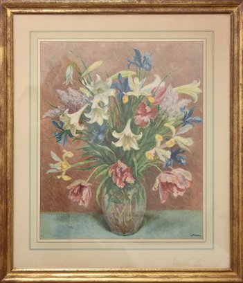 Vintage Still Life Of Pink And Yellow Lillies By Margaret Graeme Niven