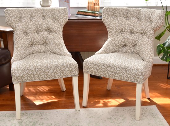 Pair Of Beige And Cream Geometric Print Tufted Upholstered Wingback Side Chairs