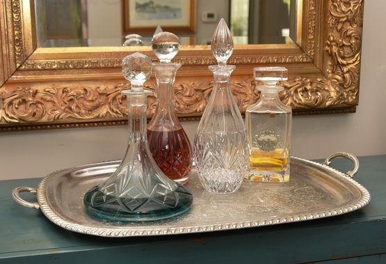 3 Cristallo Style Cut Glass Decanters And 1 Square Decanter With Golf Scene On Emblem