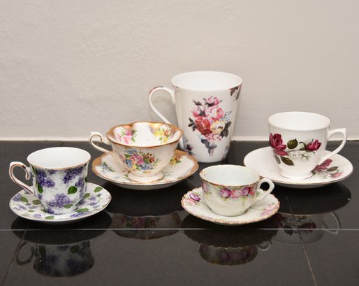 Collection Of 5 Handpainted Floral Bone China Tea Cups