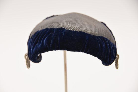 Vintage 19502 Blue Velvet And Tweed Hat With Silver Hoop Accents