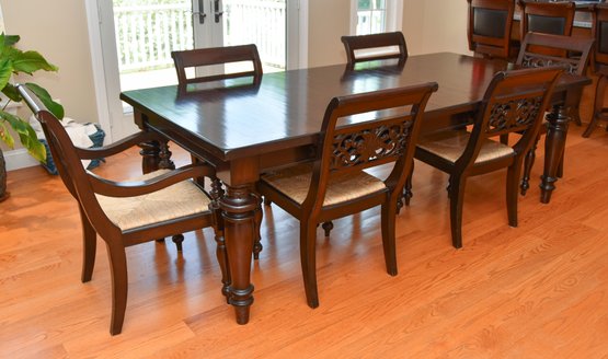 Pottery Barn Cherry Wood Dining Table With (6) Carved Wood Thrush Seat Chairs And 2 Leaves