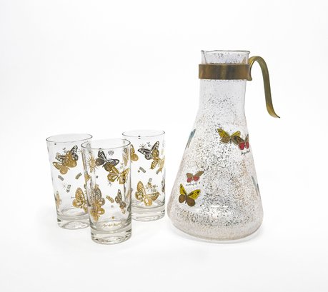 Georges Briard Butterfly Pitcher And Glasses