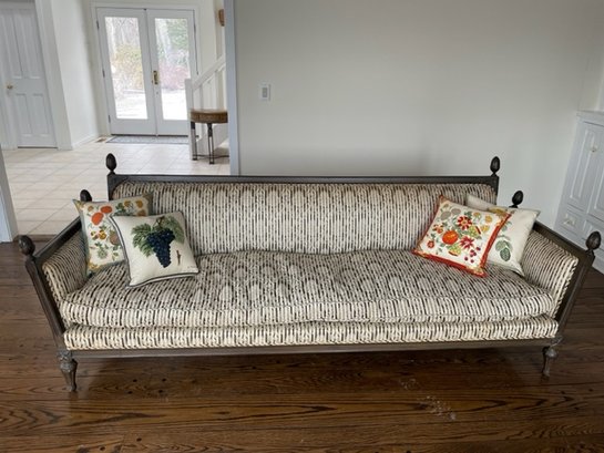 Long, Vintage Sofa. Black With Beige, Down-Filled Upholstery