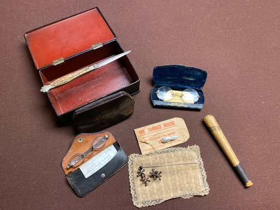 Grandpas Box Antique Odds And Ends Pocket Knife Glasses Jacks
