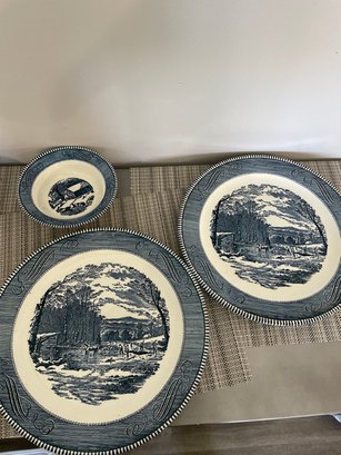 Currier And Ives Blue And White Harvest 2 Plates And 1 Bowl