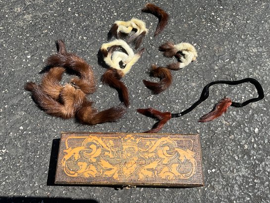 Antique Wood Burn Box With Fur Tail Accent Pieces