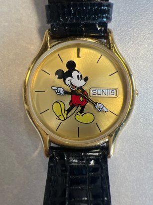 Gold Stainless Mickey Mouse Watch With Black Reptile Band