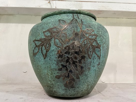 Stunning Antique Verdigris Copper Vase With Inlay