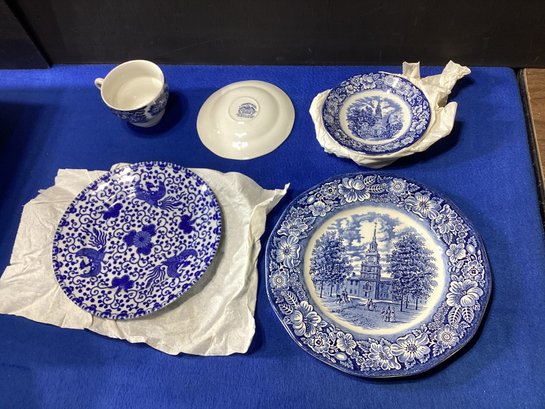 Blue Plate Lot, Teacup Saucers, And Dinner Plates Wrapped Up And Put Away For A Long Time
