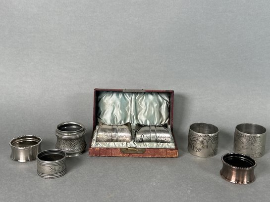 Vintage Hand Wrought Pewter & Silver Plate Napkin Rings
